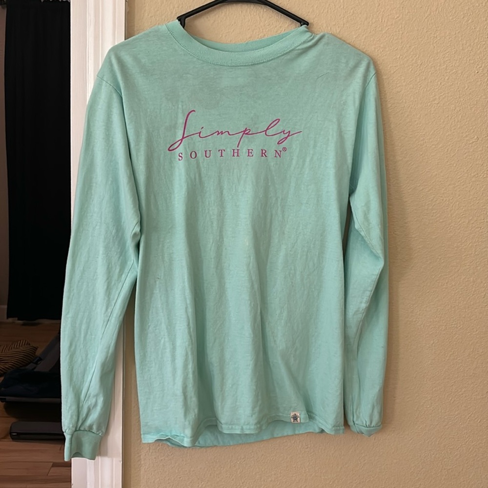 Simply southern long sleeve shirt, size small, teal with pink on front,